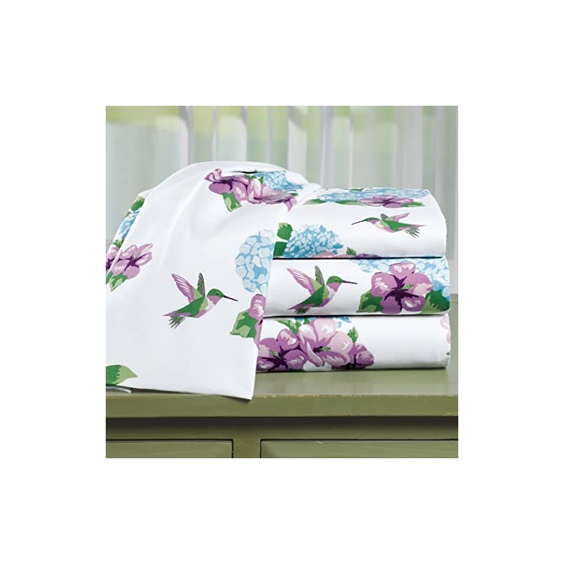 Collections Etc Humming Bird Floral 4-Piece White Sheet Set