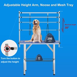 MilleLoom 36'' Dog Grooming Table, Adjustable Cat Drying Desktop with Arms, Nooses, Mesh Tray, Foldable Pet Station at Home, Maximum Capacity Up to 330Lb