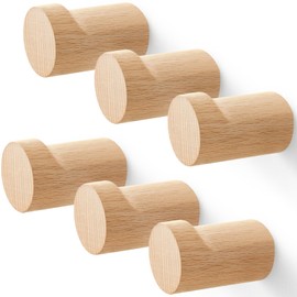 WOVRAN Wood Wall Hooks for Hanging, 6 Pack Rustic Coat Hooks Wall Mount, Handmade Wooden Pegs Hat Hook, Entryway Walls Hanger for Coat Purse, Boho Bathroom Towel Rack (Beech Wood)