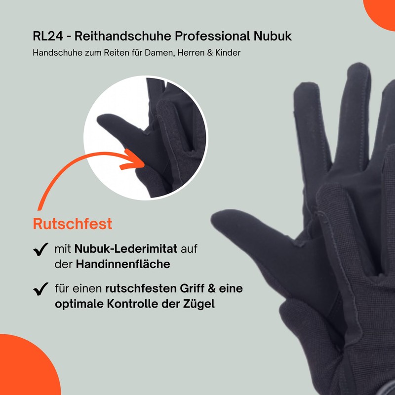 HKM by Reiterladen24 Professional Riding Gloves, Nubuck Imitation Leather, black,