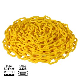 FlexiLink Plastic Chain. Eye-Catching Bright Colors. 2” Link Dia, 50 Ft Length for Safety barriers, Crowd Management, Event Safety, Decoration, Queue Lines. UV Resistant, Waterproof, Yellow, 50 Feet