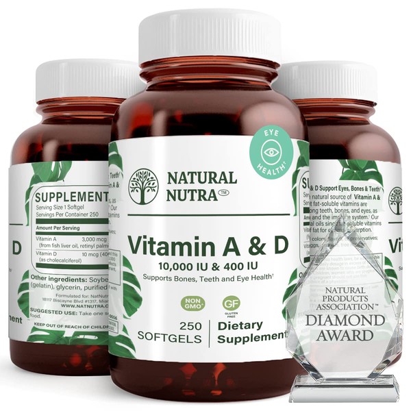 Natural Nutra Vitamin A and D, Sourced from Cod Liver Oil, 10000IU/400IU, Bones Health Supplement, Promotes Strong Teeth and Eyes, Improves Heart and Muscle Function, Immune System, 250 Softgels