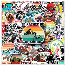 Karting Stickers 50 Pcs Vinyl Trendy Racing Car Sports Stickers for Water Bottle Laptop Skateboard Luggage Scrapbook Car Bike Phone Helmet,Waterproof Cute Cartoon Sticker for Adults Boys