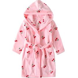 RUOGU Kids Bathrobe Hooded Plush Fleece Robe for Girls Boys Pink Cherry 2-3T