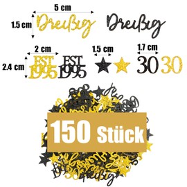 MEJOSER Pack of 150 30th Birthday Decoration Man Woman Confetti Table Decoration 30th Birthday Women Men Glitter Scatter Decoration Black Gold 1995 Decoration Birthday Decoration 30 Years Table Gift