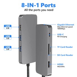 USB C Hub 8 in1 with 4K HDMI Adapter, 1000Mbps Ethernet Port, 100W PD Charging, SD 3.0 & TF 3.0 Card Reader, USB 3.0 & USB 2.0 Port for USB-C Laptop and Type C Device