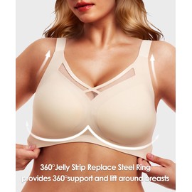 Jelly Strips Extremely Comfortable Bras for Women Full Support(34B-42DD) Smooth Wireless Bras Full Coverage V Neck Mesh Seamless Bras for Women No Underwire with Extender Nude 38C