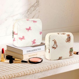 ZLFSRQ Small Quilted Makeup Bag for Purse Mini Bow Quilted Pouch Cute Cotton Makeup Bag with Compartments Aesthetic Cosmetic Bags for Women Coquette Zipper Lipstick Pouch Travel Essentials Pink