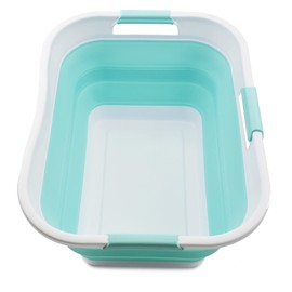 SAMMART 30L (8 gallon) Collapsible Plastic Laundry Basket - Foldable Pop Up Storage Container/Organizer - Portable Washing Tub - Water Capacity 24L(6.3 gallon) (1, White/Lake Green)