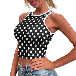 Nxidvxne Tight Cropped Tank Top Corset Tops for Women 3D Print Black and White Polka Dot Pattern Off The Shoulder Tops Hight Waist Sleeveless Black Top Medium