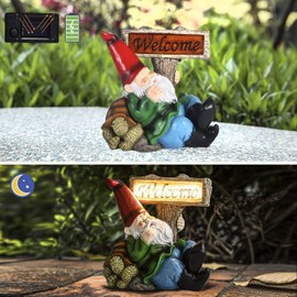 Histoacryl Garden Gnomes Outdoor Decoration, Gnome Tortoise Welcome Sign Sculptures & Statues with Solar Powered Lights, Waterproof Outside Figurine Decor for Patio, Lawn, Yard，Home Ornament