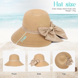 LY4U Women's Wide Brim Straw Sun Hat UPF 50+ with Adjustable Chin Strap, Foldable Beach Hat for Travel, Summer Outdoor Activities, Ponytail Hole & Bow Ribbon Design Khaki
