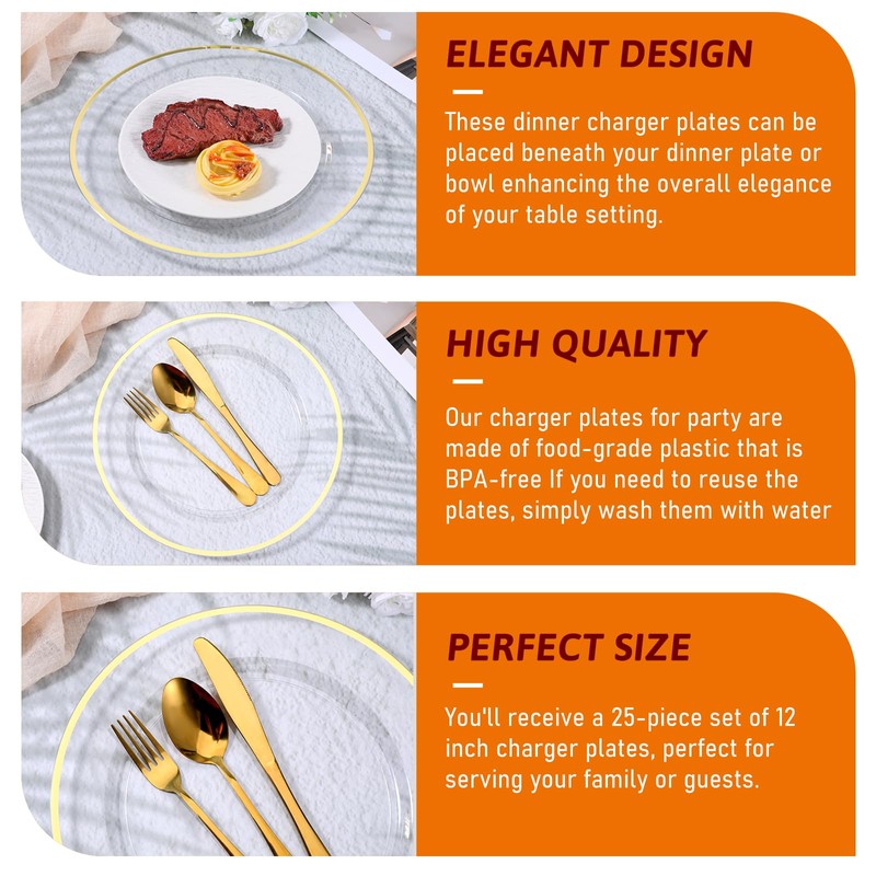 IANFAN 25 Pack 12 Inch Gold Charger Plates, Clear Charger