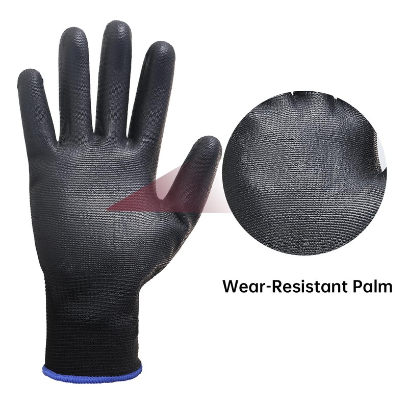 HANDLANDY 6 Pairs PU Coated Nylon Black Protective Work Gloves,