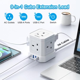 Cube Extension Lead with USB Slots, TOPREK 5 Way Power Strip with 5 AC Outlet 4 USB (USB-C 20W PD3.0 Fast Charger) 1 Switch, 2M Extension Cord, 3250W/13A, UK Power Strip for Desk Home Office Travel