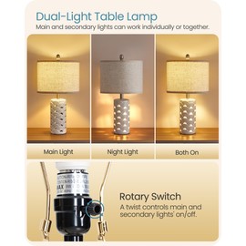 GOEBLESON 22" Ceramic Table Lamps Set of 2, Modern Coastal Bedside Lamps, Farmhouse Desk Lamps Beige and White, with Main & Night Light, Bulbs Included, for Bedroom, Living Room, End Table H12TL05