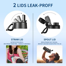 KXIAOCHEN Insulated Water Bottle, Stainless Steel Water Bottle, 2 Lids (Straw and Handle Lid),Wide Mouth Metal Water Bottles Keep Hot and Cold, Double Walled, Thermo Mug, Metal Canteen