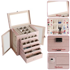 CIIGIO 6 Layer Large Jewelry Boxes With Mirror，Multifunctional 5 Drawers Jewelry Box Organizer with 2 Glass Door for Necklace Organizing (Rose Gold)