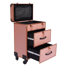 RibasuBB Rolling Makeup Train Case, Professional Makeup Trolley Case, Aluminum Cosmetic Trolley Travelling Cart Trunk with Swivel Wheels for Mobile Stylist Artists Nail Salon (Gold)