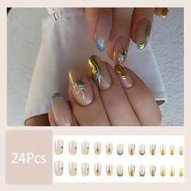 24 Pcs French Tip Press on Nails Almond Medium Fake Nails with Glue Acrylic Glue on Nails Full Cover False Nails with Glitter Stripes stars Design Reusable Stick on Nails Artificial Nails for Women