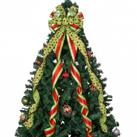 Christmas Tree Topper Wreath Bow Large Green Christmas Bow Tree Topper with Red Green Dot Patterned Gift Bow for Xmas Ornament Holiday Home Wedding Thanksgiving Indoor/Outdoor Decoration 52"x13"