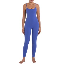 Sunzel Workout Jumpsuits for Women Adjustable Spaghetti Strap Leggings Bodysuit Square Neck Sleeveless One Piece Yoga Unitard 26" Sapphire Blue X-Small