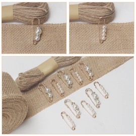 FALSKT 4cmX12m Hessian Ribbon Jute Burlap Ribbon Natural Jute Ribbon Roll Craft Jute Band with Twines and Pearl Brooch Pins for Gift Wrapping Crafting Bows Rustic Wedding Decorations