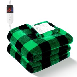 Electric Heated Sherpa Buffalo Plaid Christmas Throw Blanket with 6 Heating Levels & 4 Hours Auto Off, Fast Heating Warm Plush Washable Blanket with Over-Heat Protection, ETL Certification, Green