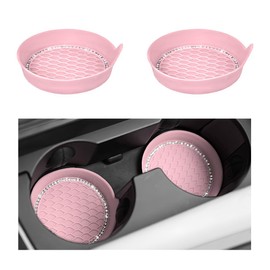 NYTKL 2 PCS Bling Car Cup Coaster, Crystal Rhinestone Cup Holder Insert for Car Interior Decoration, Non Slip Shockproof Silicon Sparkly Drink Met Universal for Most Vehicles (Pink)