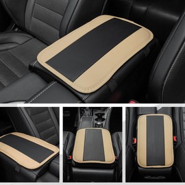 Amiss Car Armrest Storage Box Mat, Universal Waterproof PU Leather Auto Armrest Cover, Car Center Console Cover Accessories Interior Protection for Most Vehicle, SUV, Truck, Car (Black-Beige)