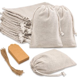 rietegio 30 Pieces Cotton Bags with Drawstring and 30 Pieces Gift Tags 13 x 18 cm Fabric Bag Small Blank Fabric Bags for Filling for Jewellery Wedding Party DIY Crafts Christmas