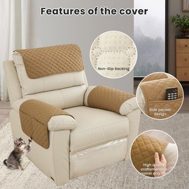 FANSU Armchair Covers for Arms Headrest Cover for Armchair Waterproof Slipcover with Side Pocket Nonslip & Washable & Abrasion Furniture Protector for Cat Dog Pets (1 Seater,camel)