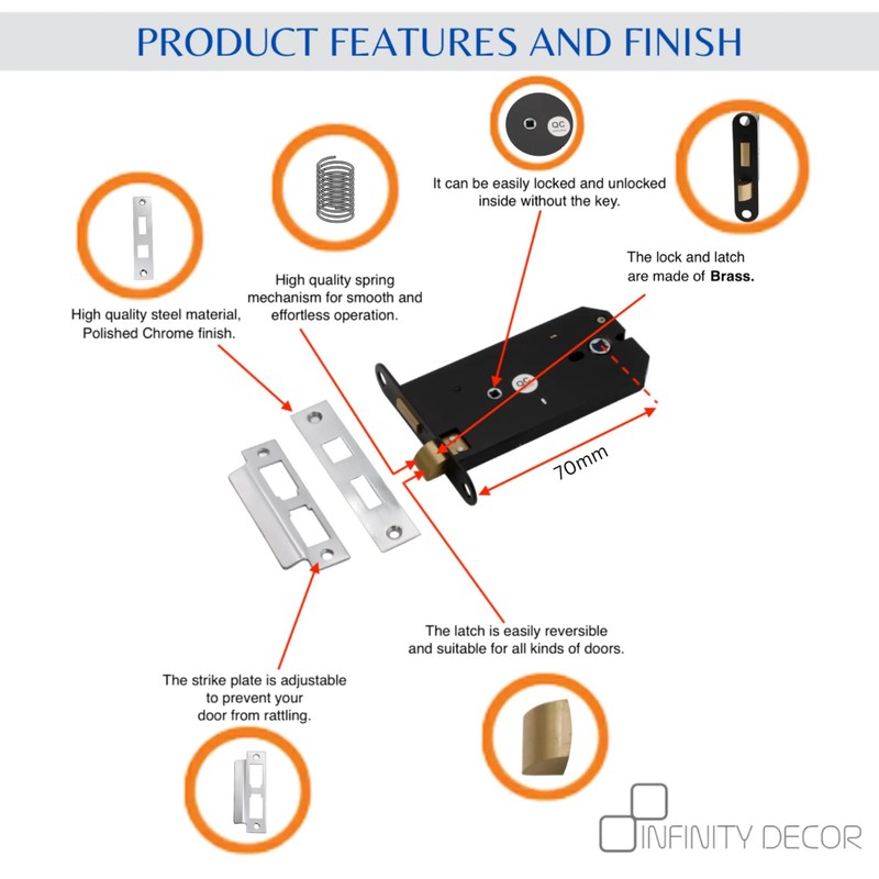 Infinity Decor® 6inch, 150mm 3 Lever Horizontal Mortice Bathroom Door