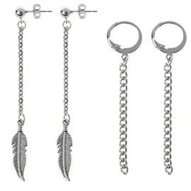 AREUM Earrings, Ring, Feather Chain Set, 4 Pieces, For Both Ears, Simple, Korean Accessory, Swaying, Men's, Women's, Popular Design