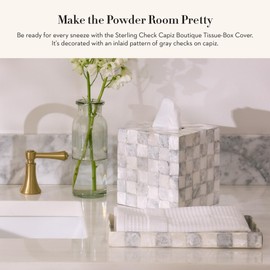 MACKENZIE-CHILDS Boutique Square Capiz Tissue-Box Cover, Decorative Tissue Holder, Gray-and-White Sterling Check