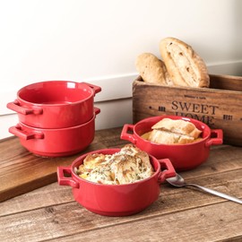 vicrays Ceramic Soup Bowls with Handles, 24 Oz Porcelain Soup Crocks for French Onion Soup, Cereal, Beef Stew, Chill, Pasta, Pot Pies, Microwave and Oven Safe, Set of 4 (Red)