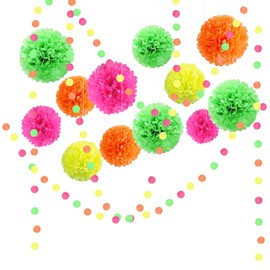 Gkhlg 12 Pcs Paper Pom Poms Set and 3 Packs of Fluorescent Polka Dot Garland for Party Decorations for Adults Bridal Shower Decorations Rainbow Party Deco