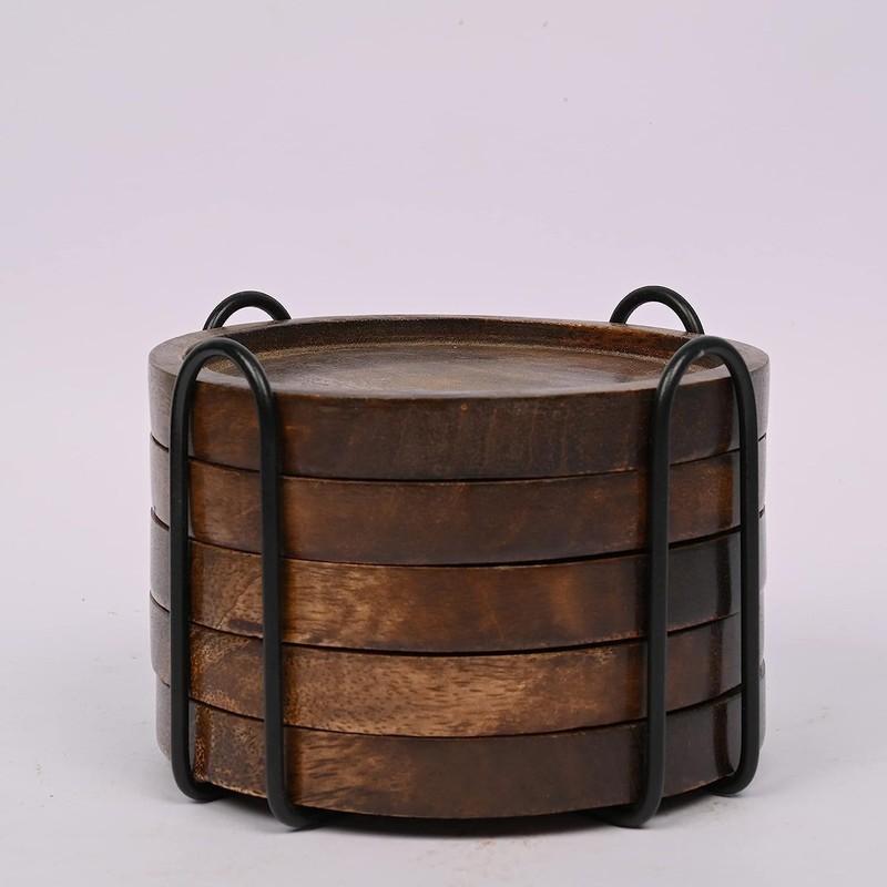 SAMHITA Mango Wood Coasters for Drinks with Iron Holder Stand