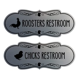 Designer Chicks and Roosters Novedad Letreros para baño, juego de 2 (plata cepillada), tamaño grande