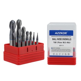 AZZKOR Carbide Ball Nose EndMill HRC65 Double Edge 2 Flute TiSiN Coating Tungsten Steel Color-Ring Milling Cutter for Metal Steel TGB Series 11pcs Set
