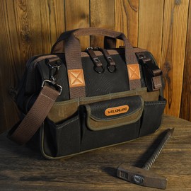 WELKINLAND WELKINLAND 30-Pockets Canvas tool bag, 14-Inch Heavy Duty tool bag, Waxed Canvas tool bags heavy duty, Tool duffel, Lineman tool bag, Electrician tool bag, Tool bags for electricians