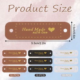 Piriuuo Pack of 30 Handmade Labels, PU Handmade Label for Sewing, 5.5 x 1.5 cm, Handmade with Love PU Leather Sewing Labels for Jeans, Bags, Shoes, Hats, DIY Crafts (Brown, White, Black)