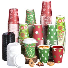 Hallswl 200 Pieces 12 oz Christmas Paper Cups with Lids, Disposable Coffee Cups for Cold Beverage Hot Drinking,Tree Snowflake Polka Dot Candy Pattern To Go Cup for Christmas Decorations