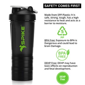 Spike Pro Protein Shaker Blender Bottle with Protein Holder Cup for Protein Mix, Cycling, Gym Water Bottle with Stainless Steel Blender Ball 500 ml (Pro Black)