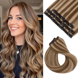 SEGO Clip in Hair Extensions Real Human Hair Seamless Hair Extensions Soft Silky Straight for Women Clip in 3PCS 11 Clips 16 Inch 4P27 Medium Brown Mixed Dark Blonde 73g