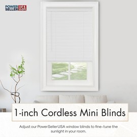 PowerSellerUSA 1" Slats Cordless Window Blinds, 48L x 36W Inches Solid Pattern Light Filtering Vinyl Indoor-Outside Ceiling Mount Mini Blind, Manual Cordless Rollup Window Privacy Blinds, White