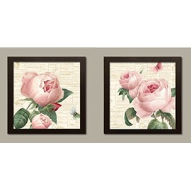 Gango Home Décor Gorgeous Pink Floral Rose, Bud and Butterfly Prints by Katie Pertiet; Two 12x12in Brown Framed Prints
