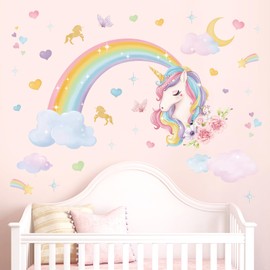 wondever Rainbow Wall Stickers Unicorn Clouds Peel and Stick Wall Art Decals for Girls Bedroom Kids Room Baby Nursery Wall Decor Living Room