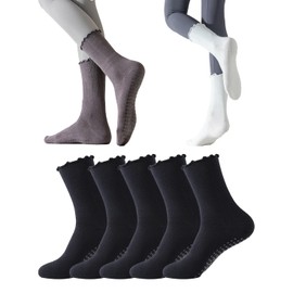 Bestag 5 Pairs Pilates Socks with Grips Non-slip Ruffle Yoga Socks Grip Socks for Women (US, Alpha, One Size, Regular, Regular, Sock set 4)