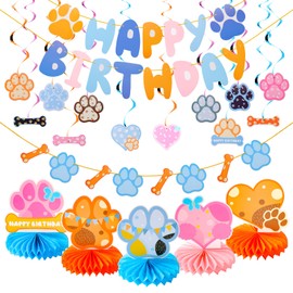 19Pcs Blue Dog Birthday Decorations Paw Party Decorations Puppy Birthday Party Decorations, Includes Banner Dog Paw Ceiling Streamers Honeycomb Centerpieces for Pet Puppy Dog Themed Birthday Party